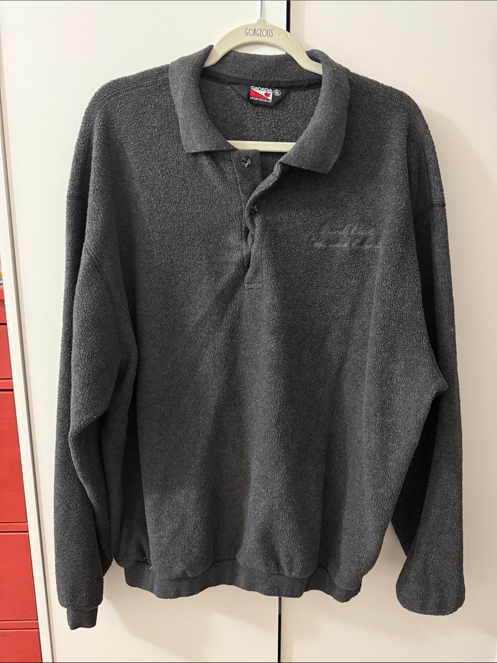 Vintage Dark Gray Long-Sleeve Polo Fleece Shirt- Unisex
